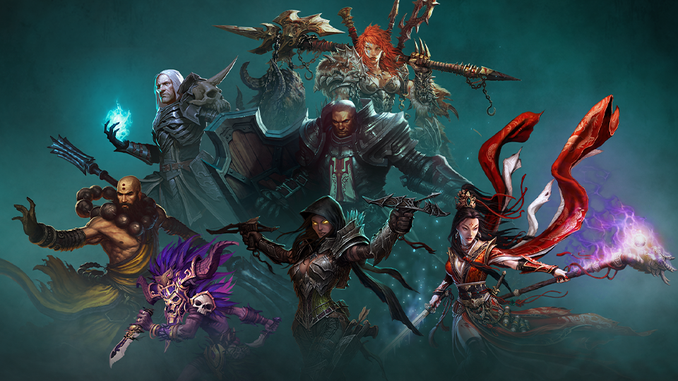   The gathering of Diablo III characters, each with a different pose 